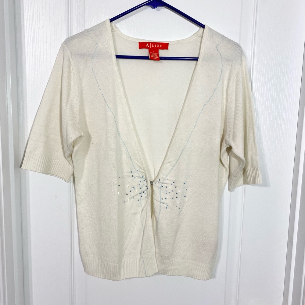 Y2K VTG A Line Anne Klein Beaded Deep V Cardigan Ivory Blue Size Large